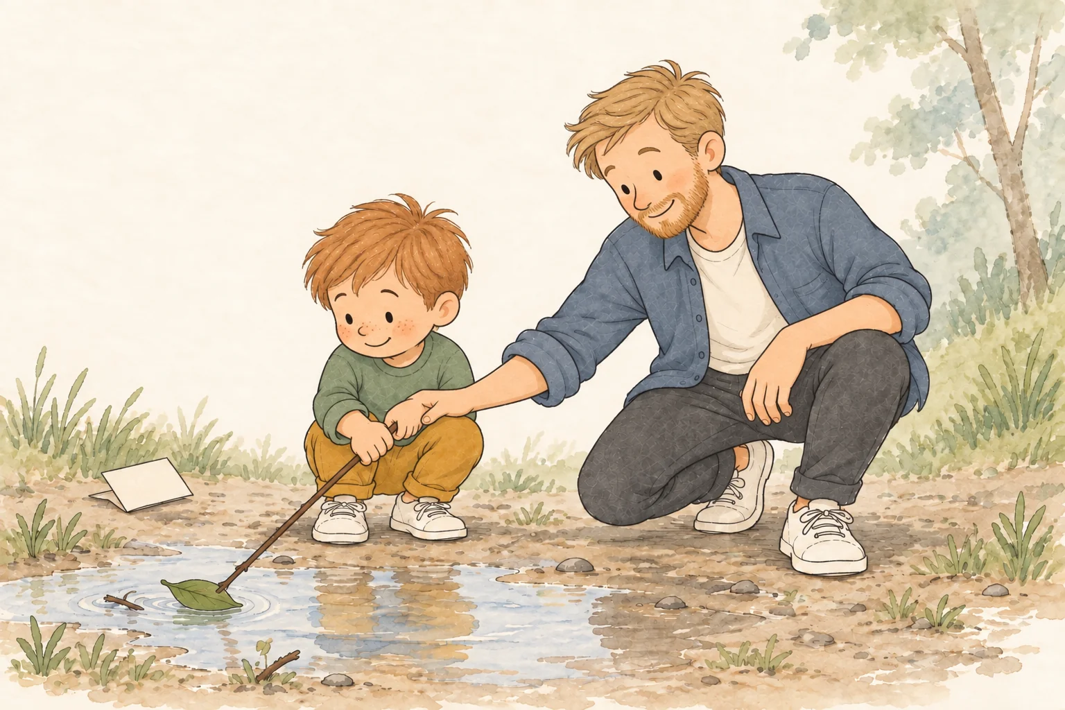 Fictional Dad and child with light skin and sandy hair, wearing blue and sage, rescuing a leaf boat together.