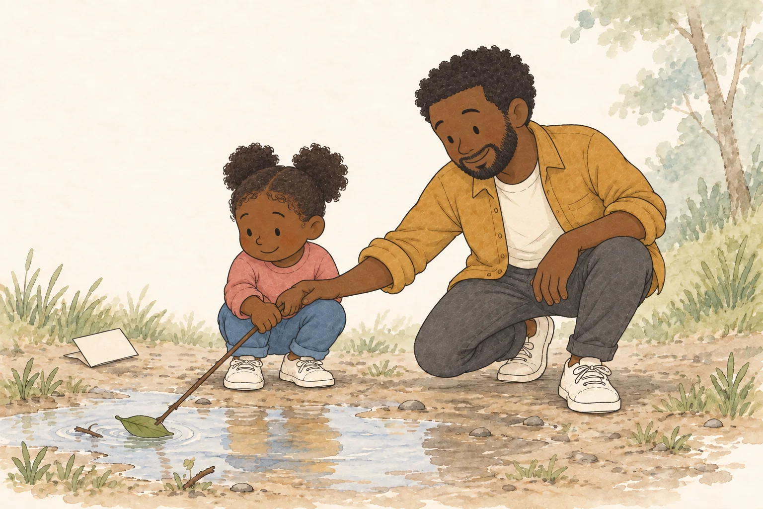 Fictional Dad and child with deep brown skin and coily hair, wearing ochre and rose, rescuing the same leaf boat together.