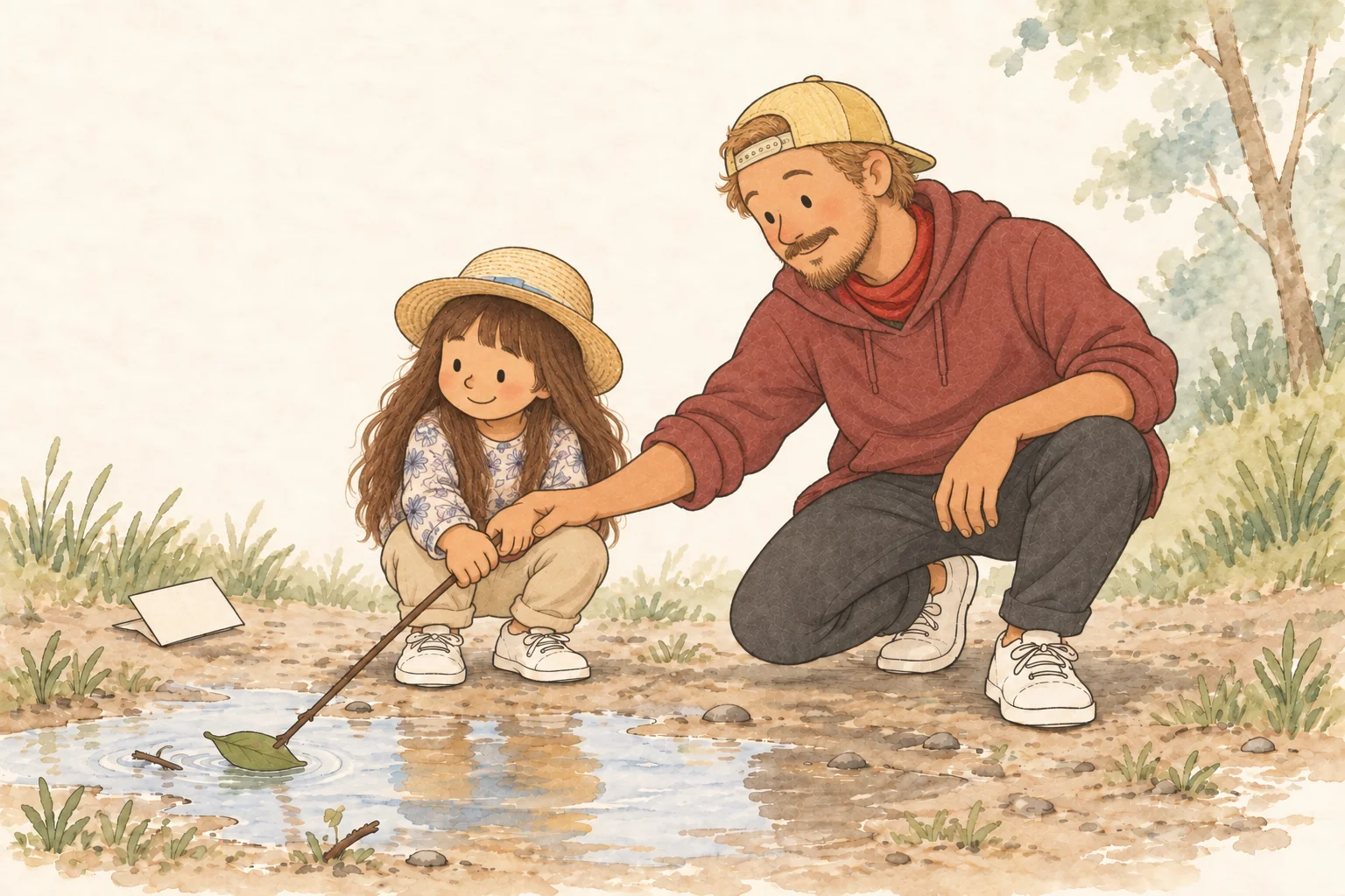 Photo-inspired illustration of Dad with a backward yellow cap and blond beard, and his long-haired daughter in a straw hat, rescuing a leaf boat together.