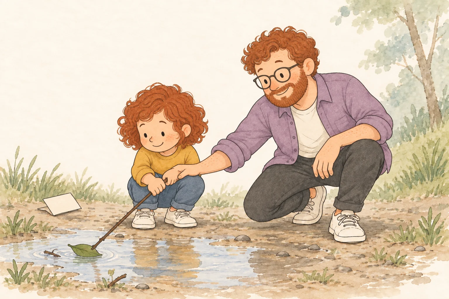 Fictional Dad and child with auburn curls, fair skin and freckles, Dad’s beard and glasses, and lilac and golden-yellow outfits, rescuing the same leaf boat together.