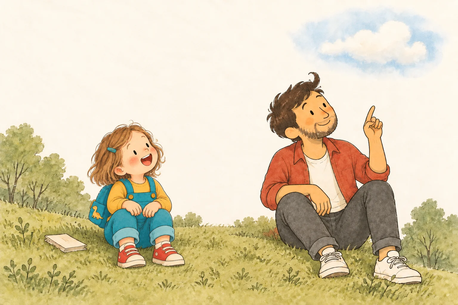 The same child and Dad imagine shapes in the clouds together.