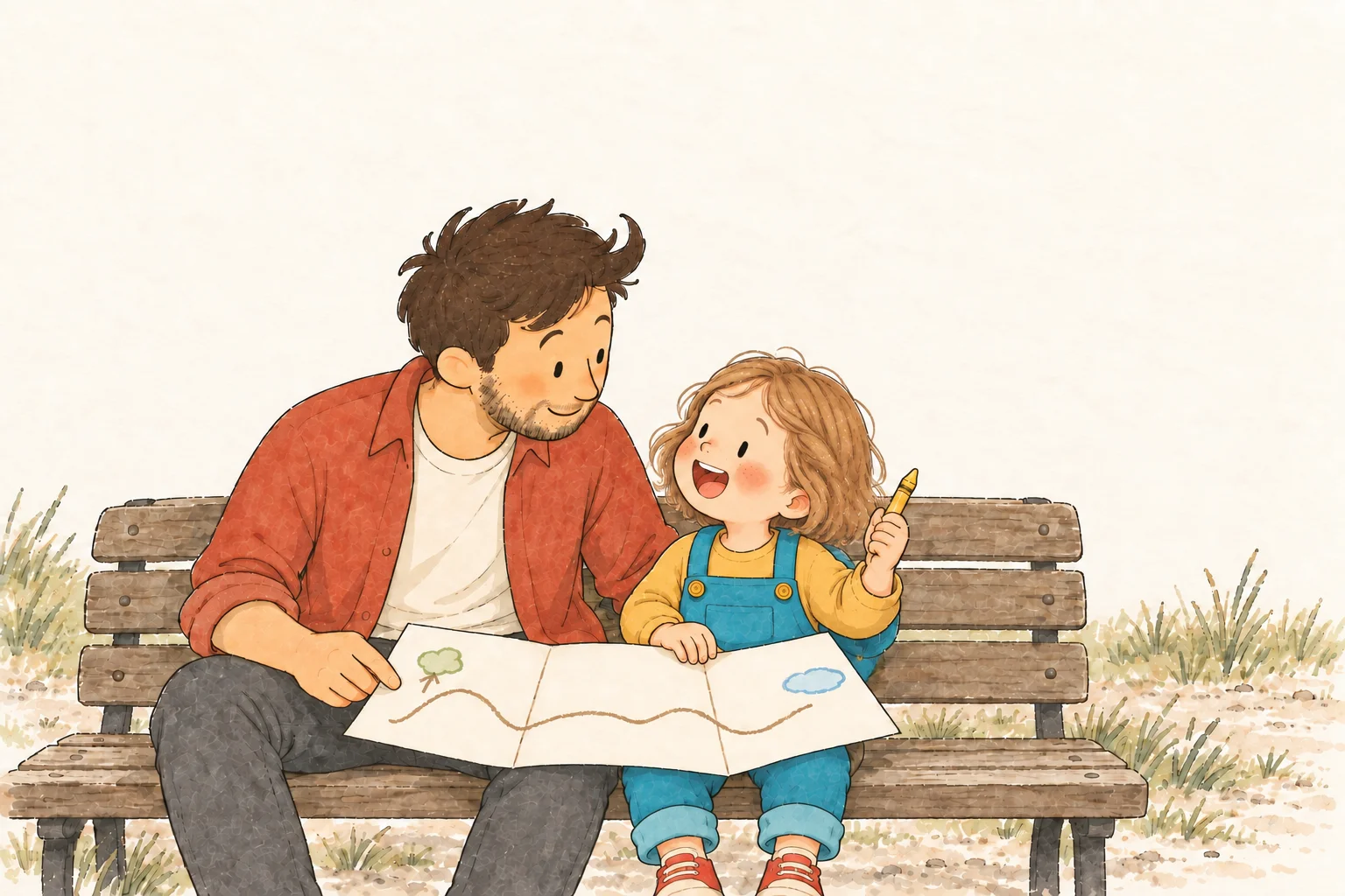 The child and Dad share a map and plan their adventure on a park bench.
