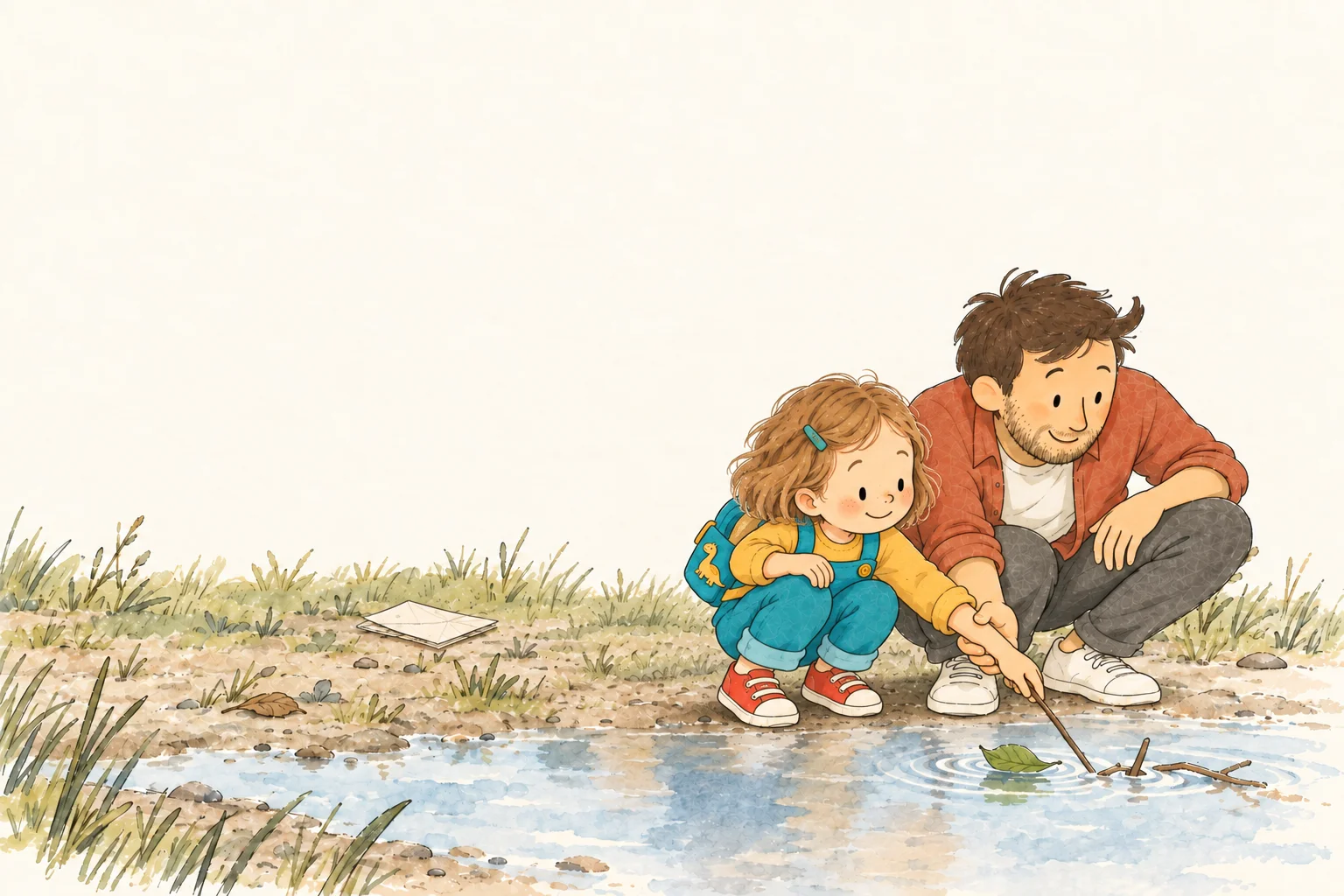 Dad steadies the child’s wrist as they rescue a leaf boat together.