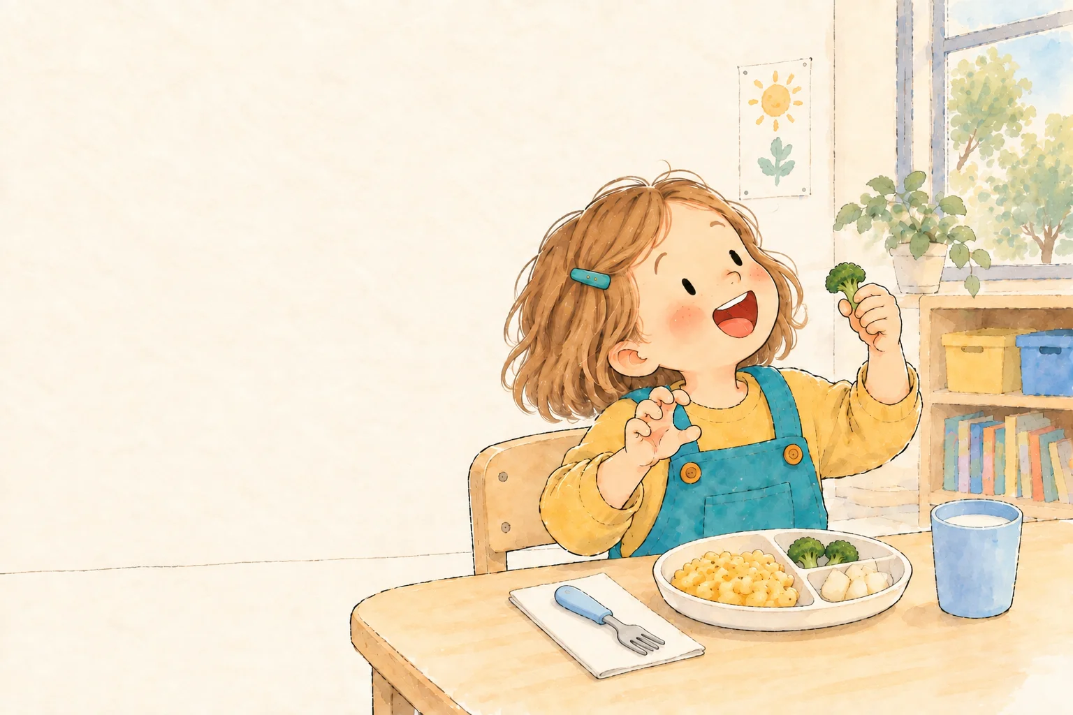 At preschool lunch, the child turns a little broccoli tree into their familiar dinosaur game.