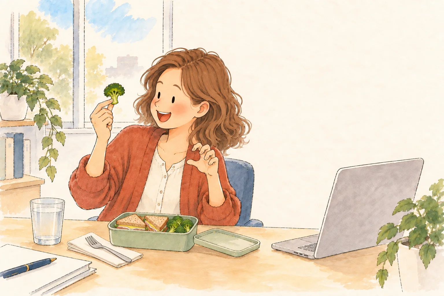 At her own lunch, Mom plays the same dinosaur game, thinking of her child.