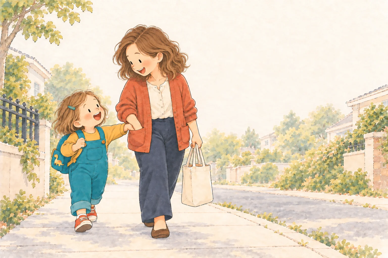 The child walks beside Mom, sharing her cardigan pocket on the way to preschool.
